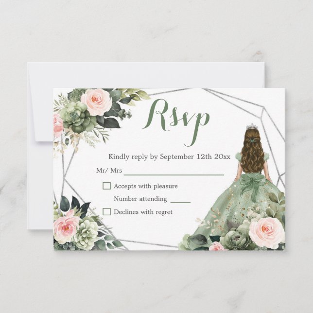 Cartons Réponse Sage Green Blush Géométrique Princesse Quinceañera (Devant)