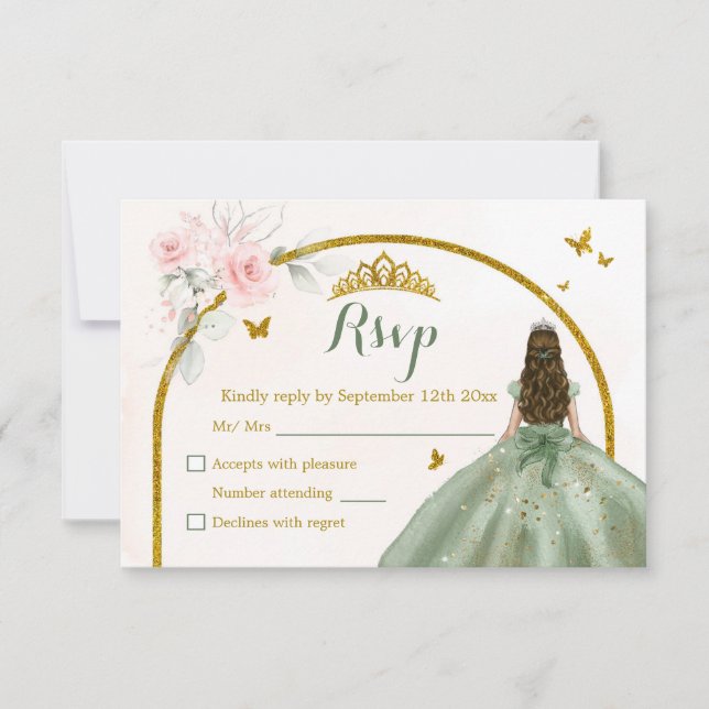 Cartons Réponse Sage Green Blush Rose Princesse Quinceañera (Devant)