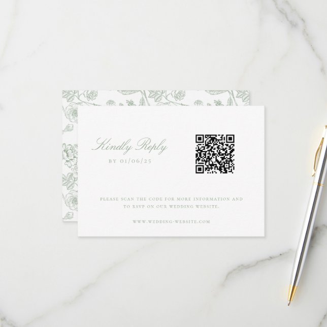 Cartons Réponse Sage Green Chinoiserie Mariage QR Code (Devant/Arrière en situation)