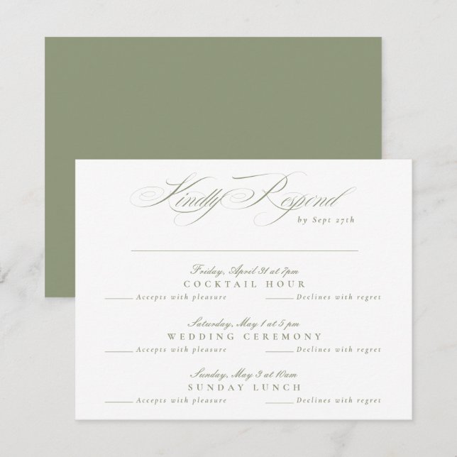 Cartons Réponse Sage Green Classic Calligraphy multi-événement (Devant / Derrière)