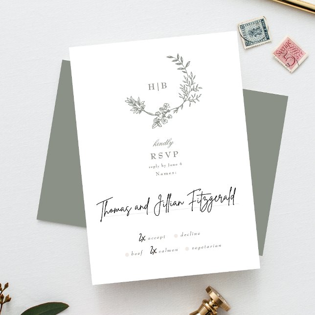 Cartons Réponse Sage Green Floral Monogramme Mariage de couronne e (Créateur téléchargé)