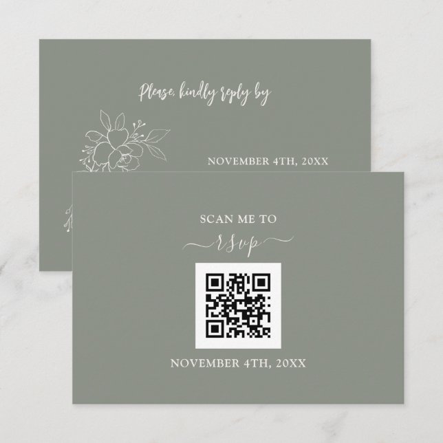 Cartons Réponse Sage Green Floral QR Code Ajouter votre Mariage UR (Devant / Derrière)