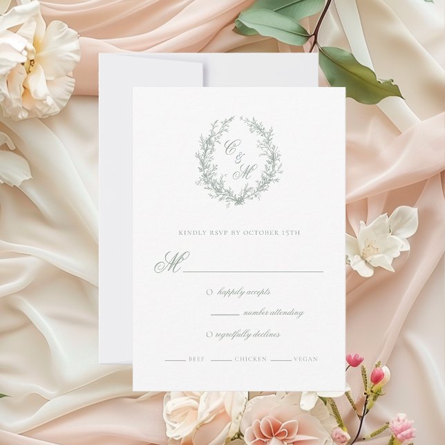 Cartons Réponse Sage Green Monogramme Mariage de couronne botaniqu (Créateur téléchargé)