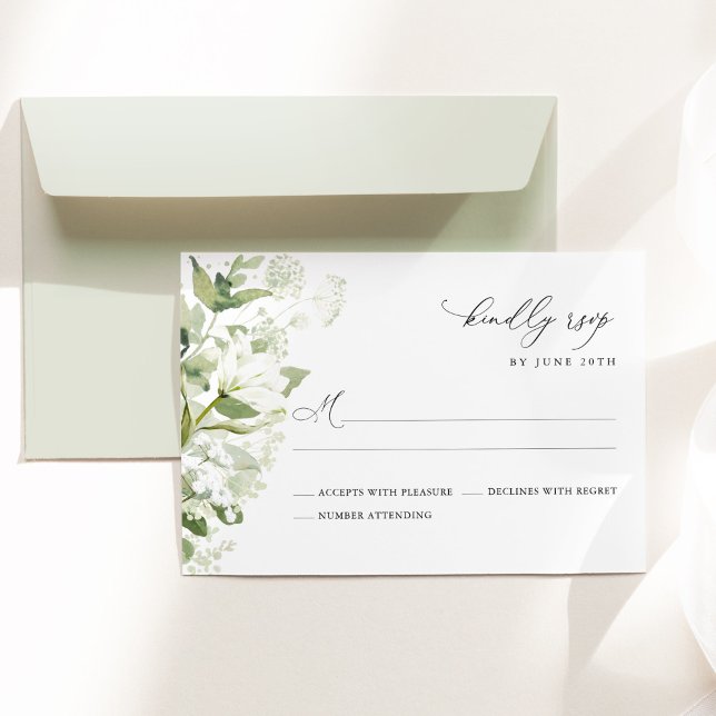 Cartons Réponse Sage Green Organic Greenery Wedding (Sage green organic greenery watercolor wedding RSVP card with botanical florals & elegant typography)
