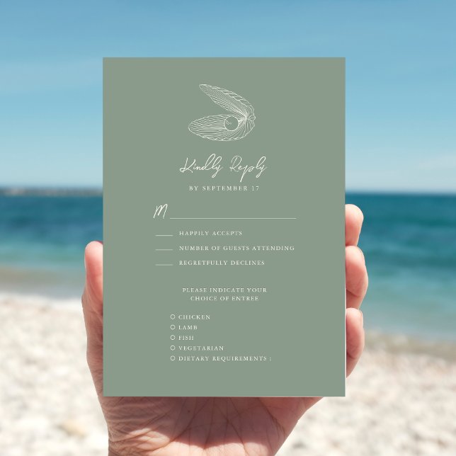 Cartons Réponse Sage Green Seashell Beach Destination Mariage (Créateur téléchargé)