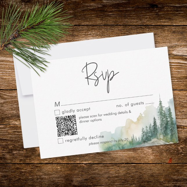 Cartons Réponse Scène de lac de montagne rustique en aquarelle Cod (Rustic Mountain Lake Scene Watercolor QR Code RSVP Card)