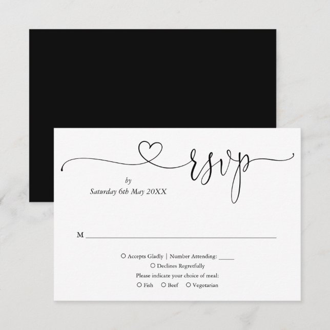 Cartons Réponse Script Coeur Élégant Noir Et Blanc (Devant / Derrière)
