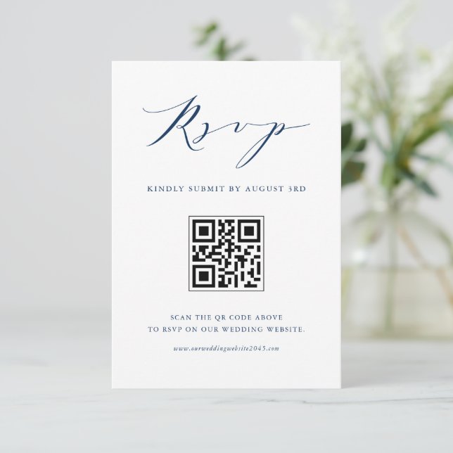 Cartons Réponse Script minimaliste moderne Marine bleu Mariage QR  (Debout devant)