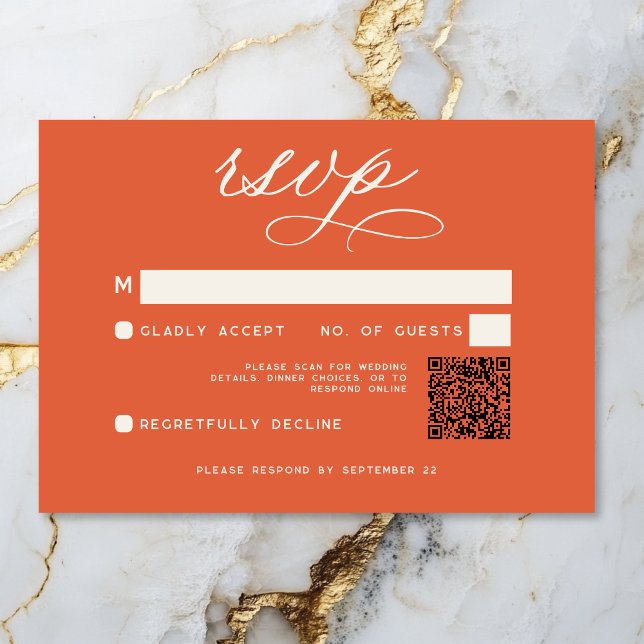 Cartons Réponse Script Orange Sunset moderne Mariage minimal QR (Modern Sunset Orange Script Minimal QR Code RSVP Card)