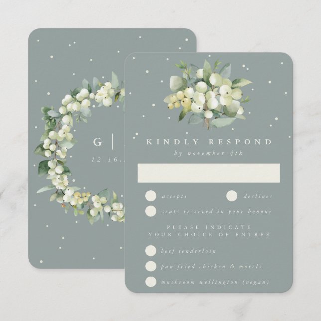 Cartons Réponse Seafoam Green Snowberry+Eucalyptus Bouquet Mariage (Devant / Derrière)