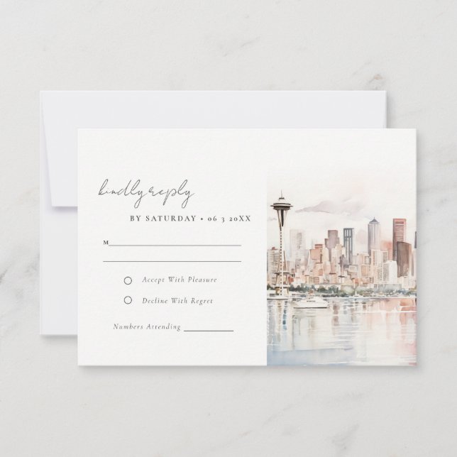 Cartons Réponse Seattle Washington Watercolor Landscape Wedding (Devant)