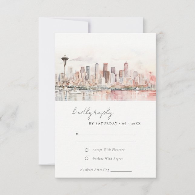 Cartons Réponse Seattle Washington Watercolor Landscape Wedding (Devant)