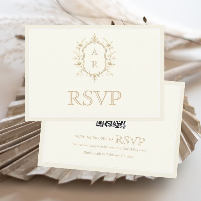 Cartons Réponse Sepia floral crest monogram QR code wedding (Créateur téléchargé)