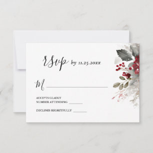 Cartons Réponse Silver Red hiver Noël Floral Mariage