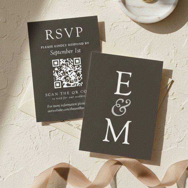 Cartons Réponse Simple Charcoal Classic Wedding QR Code (Simple Charcoal Classic Wedding QR Code RSVP Card)