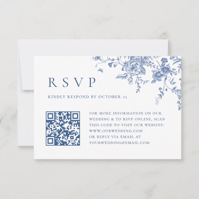 Cartons Réponse Simple Elégant Bleu Français Jardin Mariage Code Q (Devant)