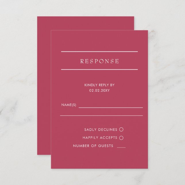 Cartons Réponse Simple élégant minimaliste moderne Mariage Magenta (Devant / Derrière)