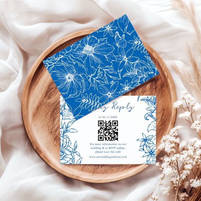 Cartons Réponse Simple Elegant Royal Blue Floral QR Code Wedding (Créateur téléchargé)
