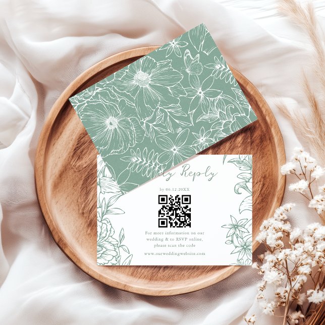 Cartons Réponse Simple Elegant Sage Green Floral QR Code Wedding (Créateur téléchargé)