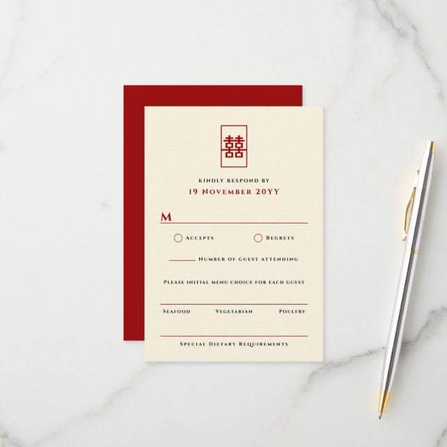 Cartons Réponse Simple Rectangle double bonheur Mariage chinois (Devant/Arrière en situation)