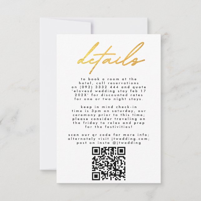 Cartons Réponse Simplement Elegant Gold & White Texte Mariage QR C (Devant)