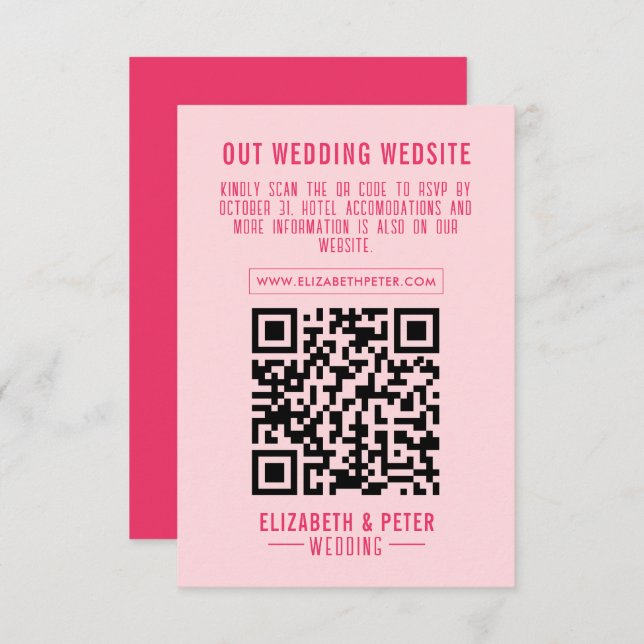 Cartons Réponse Site Mariage Retro Pink Qr Code (Devant / Derrière)