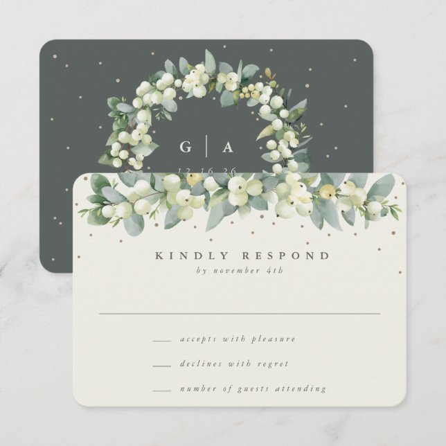 Cartons Réponse Snowberry vert/Crème+Mariage Garland Eucalyptus (Devant / Derrière)