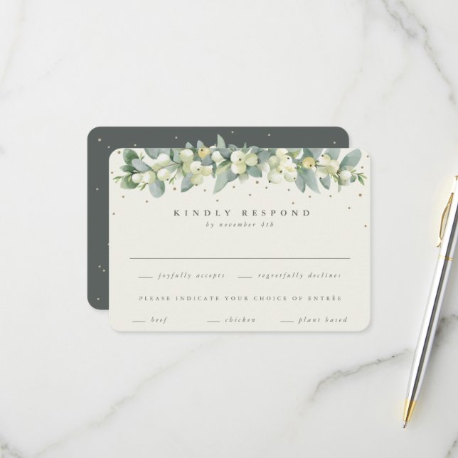 Cartons Réponse Snowberry vert/Crème+Mariage Garland Eucalyptus (Devant/Arrière en situation)