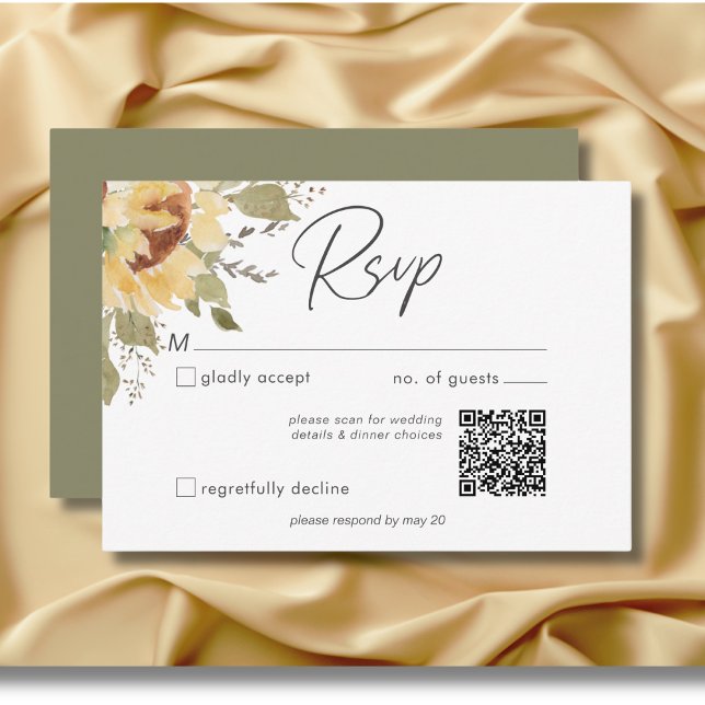 Cartons Réponse Soft Rustic Grand Boho Sunflowers Mariage QR Code (Soft Rustic Large Boho Sunflowers Wedding QR code RSVP Card)