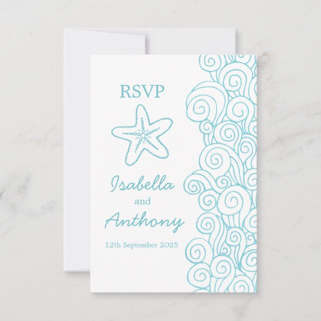 Cartons Réponse Starfish & tourbillons mariage art bleu et blanc R (Devant)