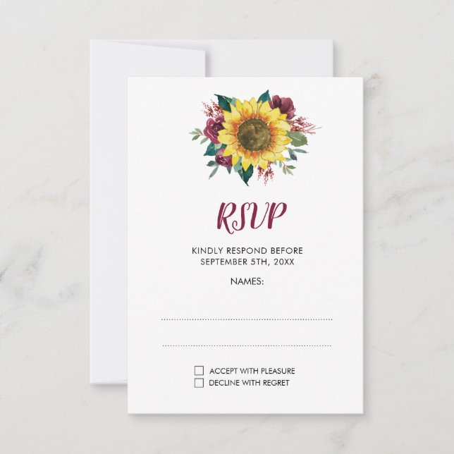 Cartons Réponse Sunflower Bugundy Rose Floral Mariage (Devant)
