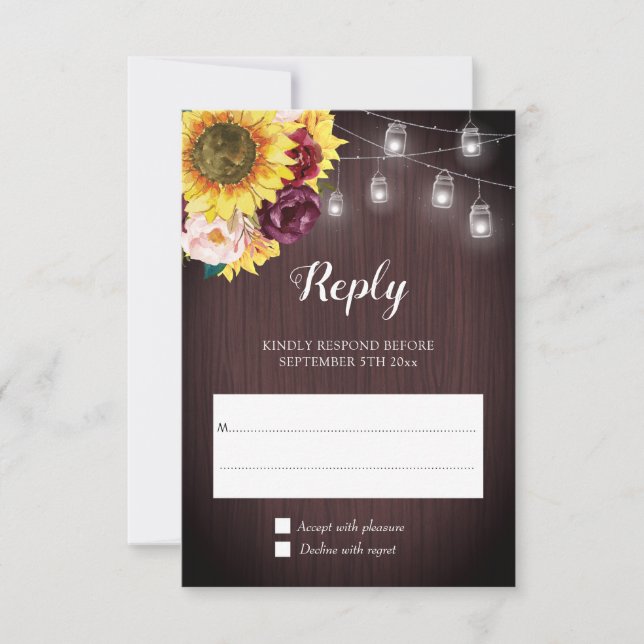 Cartons Réponse Sunflower Mason Jar Lights Burgundy Floral Mariage (Devant)