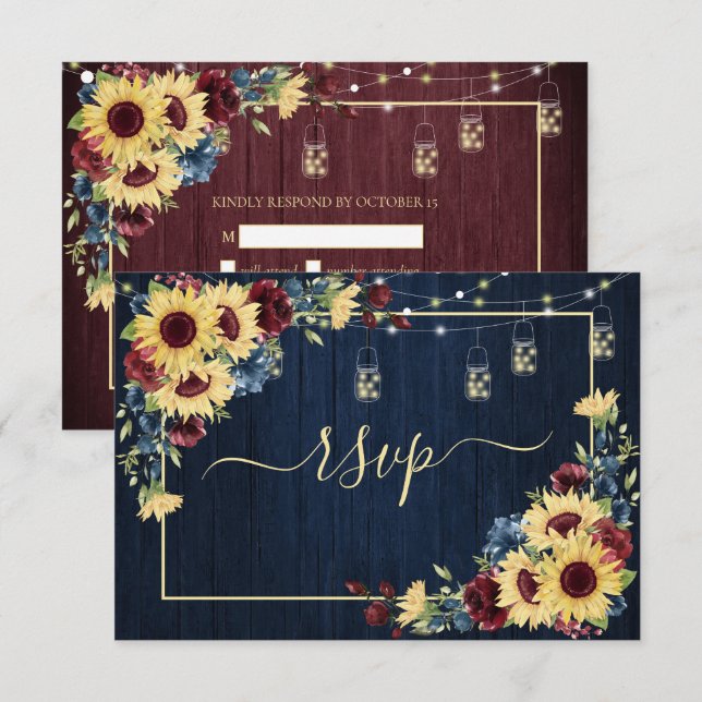 Cartons Réponse Sunflower Navy Bleu Bourgogne Bois Floral +Menu (Devant / Derrière)
