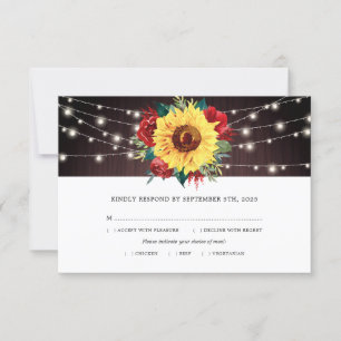 Cartons Réponse Sunflower Red Roses Lights Bois Mariage Repas