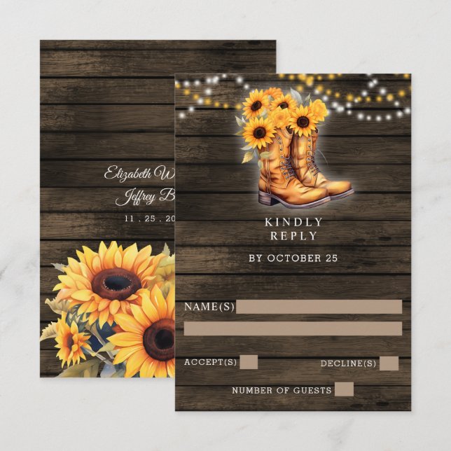 Cartons Réponse Sunflowers Cowboy Boots Barre Bois Mariage de l'Ou (Devant / Derrière)