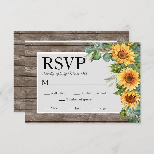 Cartons Réponse Sunflowers Rustic Wood Mariage Website QR Code RSV (Devant / Derrière)