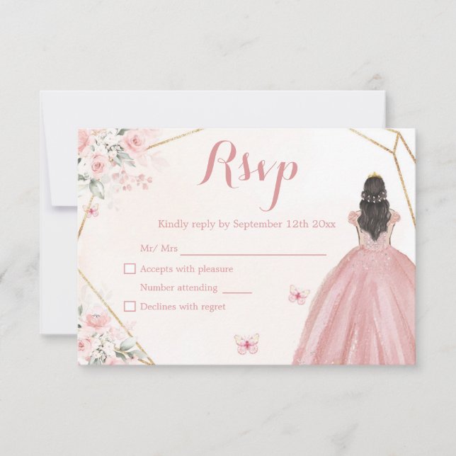 Cartons Réponse Sweet sixteen floral rose et or bleu (Devant)