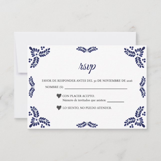 Cartons Réponse Talavera Blue Floral Minimalist Spanish Wedding (Devant)