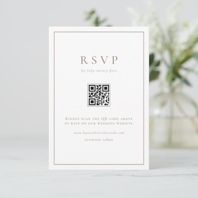 Cartons Réponse Taupe Typographie simple Code QR Mariage officiel (Debout devant)