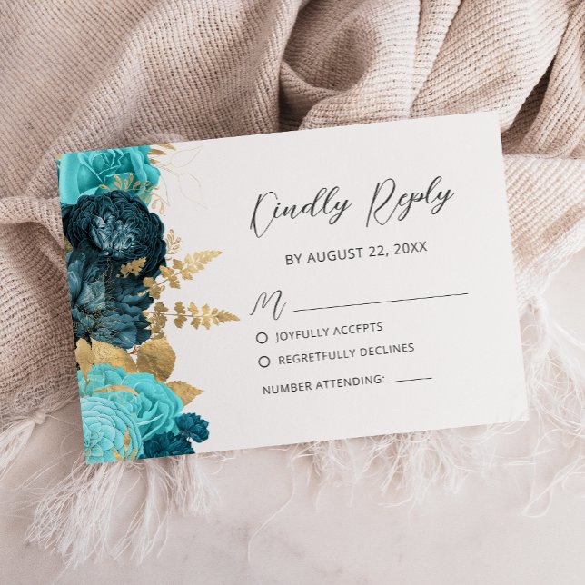 Cartons Réponse Teal Aqua Gold Floral Modern Script Wedding (Créateur téléchargé)