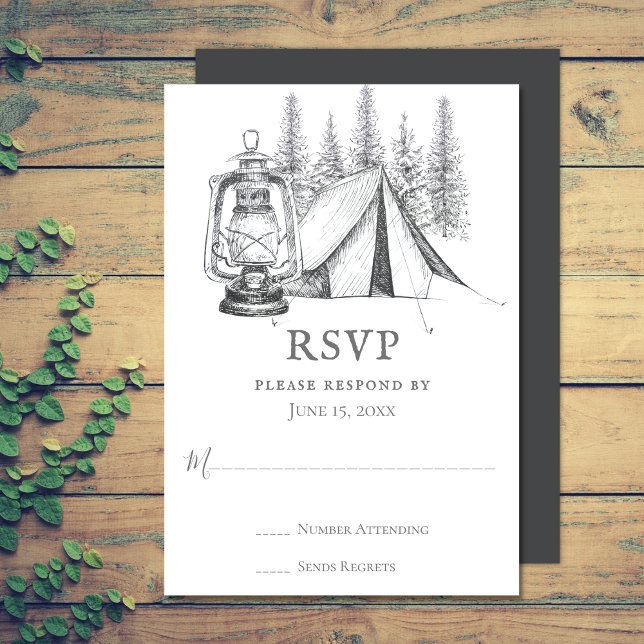 Cartons Réponse Tente, lanterne et bois croquis Mariage de camping (Tent, Lantern and Woodland Sketch Camping Wedding RSVP Card)