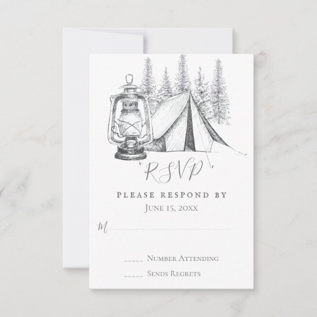 Cartons Réponse Tente, lanterne et bois croquis Mariage de camping (Devant)