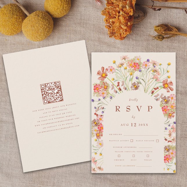 Cartons Réponse Terracotta & Boho Beige Fall Floral QR Code (Boho fall rustic wildflower floral arch terracotta burnt orange beige wedding rsvp qr code card)