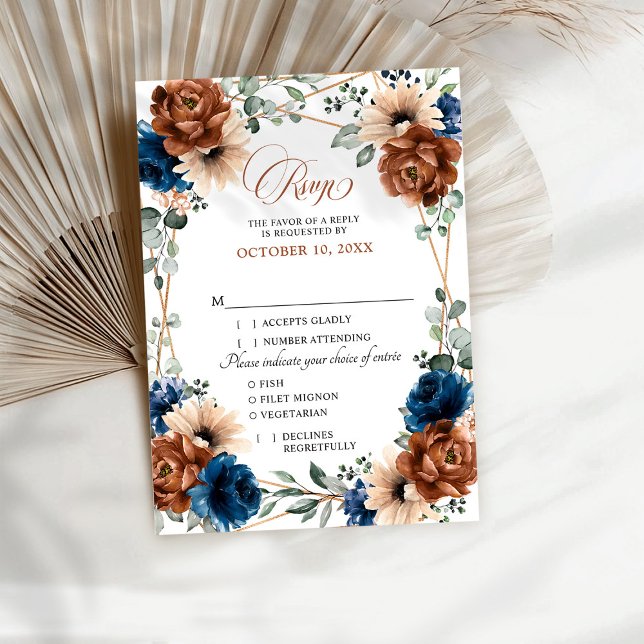 Cartons Réponse Terracotta Marine Bleu Vert Mariage géométrique RS (Terracotta Navy Blue Greenery Geometric Wedding RSVP Card with meal choice details.
)