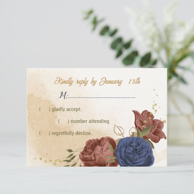 Cartons Réponse terre cuite bleu marine fleuri mariage (Debout devant)