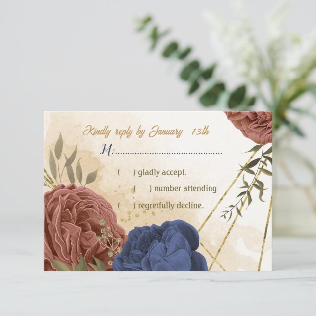 Cartons Réponse terre cuite bleu marine fleuri mariage (Debout devant)