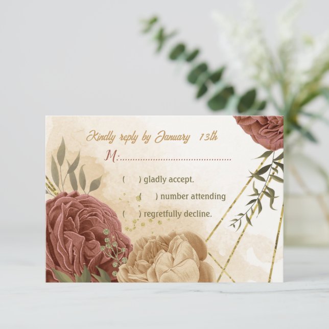 Cartons Réponse terre cuite tonalité de terre mariage vert fleuri (Debout devant)
