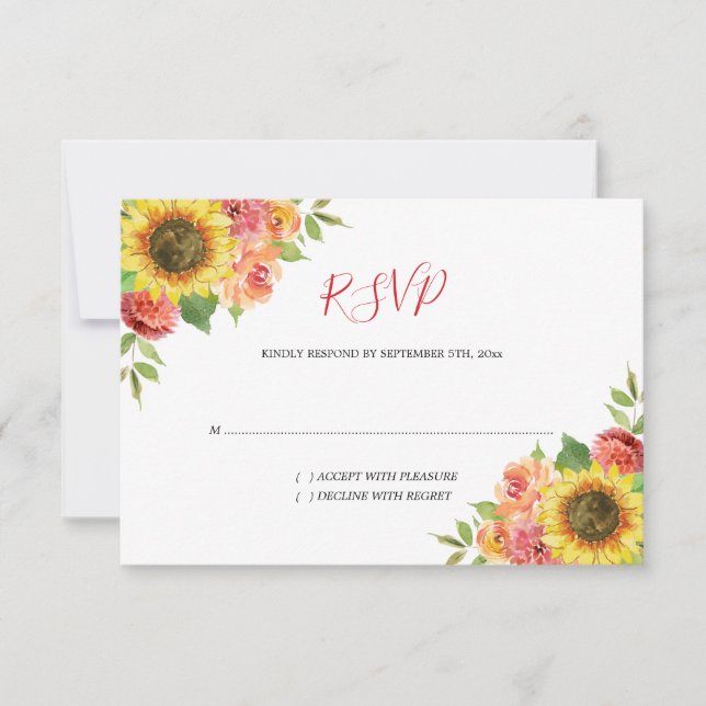 Cartons Réponse Tournesol Aquarelle Coral Mariage Floral (Devant)