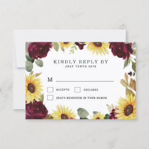 Cartons Réponse Tournesol et Rose Bourgogne Rouge Rustique Mariage