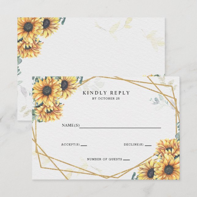 Cartons Réponse Tournesol Rustique élégant Mariage géométrique or (Devant / Derrière)